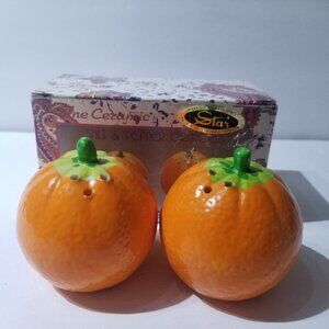 Salt and Pepper Shakers Orange Shaped Ceramic with Box Hand Painted Handcrafted